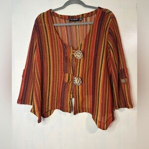 Nina Leonard sheer Lacey 70s print cardigan sweater size M cropped artsy